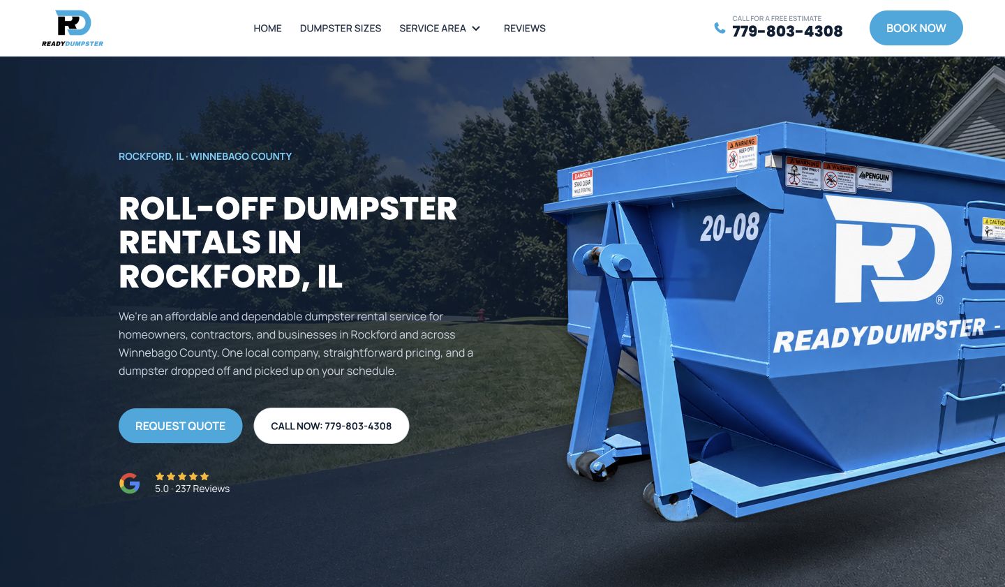 Ready Dumpster desktop website: Roll-Off Dumpster Rentals in Rockford, IL